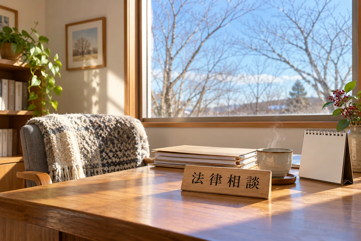 「法律相談」の木札と湯気の立つお茶が置かれた机