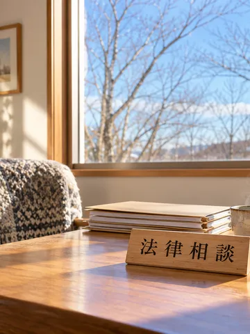 「法律相談」の木札と湯気の立つお茶が置かれた机