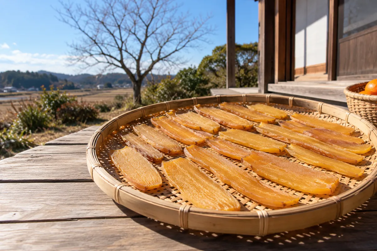 日なたの竹ざるに並ぶ干しいも