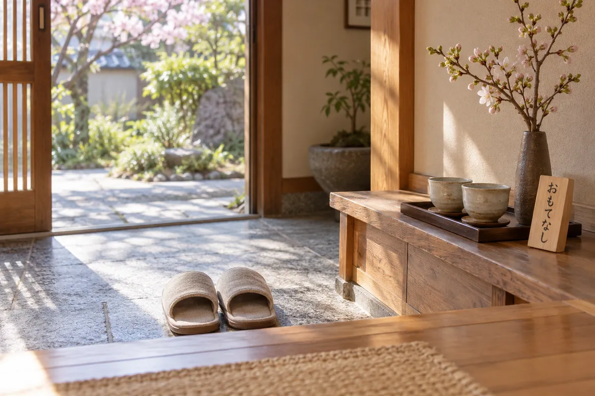 玄関に揃えたスリッパと茶器、「おもてなし」の木札