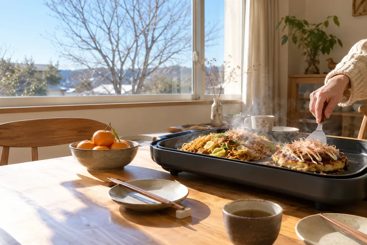 湯気の立つ焼きそばと冬の日差しの食卓