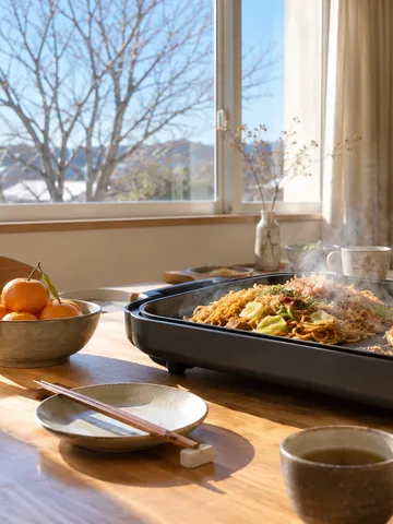 湯気の立つ焼きそばと冬の日差しの食卓