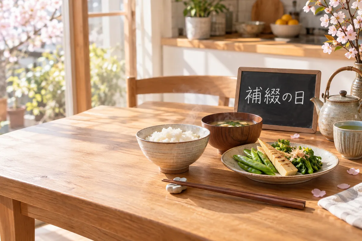 春の食卓と「補綴の日」と書かれた小さな黒板