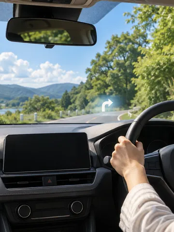 フロントガラスに表示が浮かぶ夏の車内