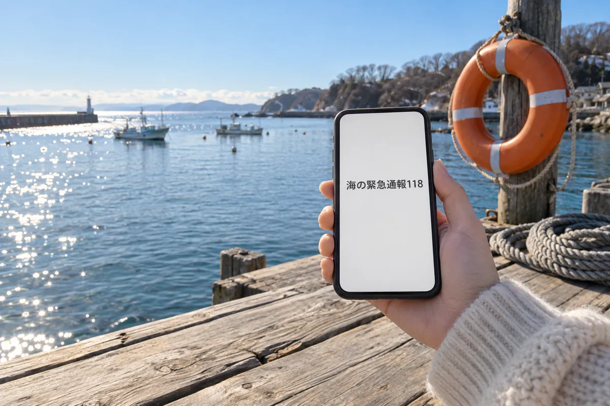 港の桟橋でスマホの連絡先に118を登録する手元