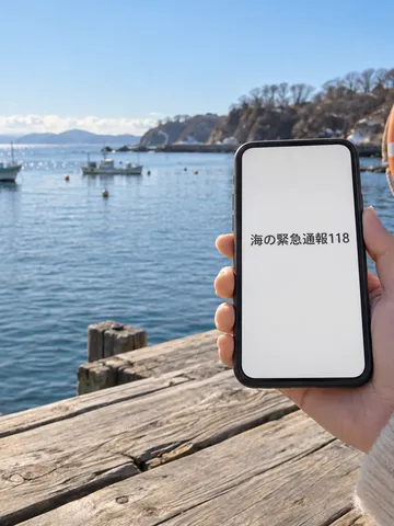 港の桟橋でスマホの連絡先に118を登録する手元