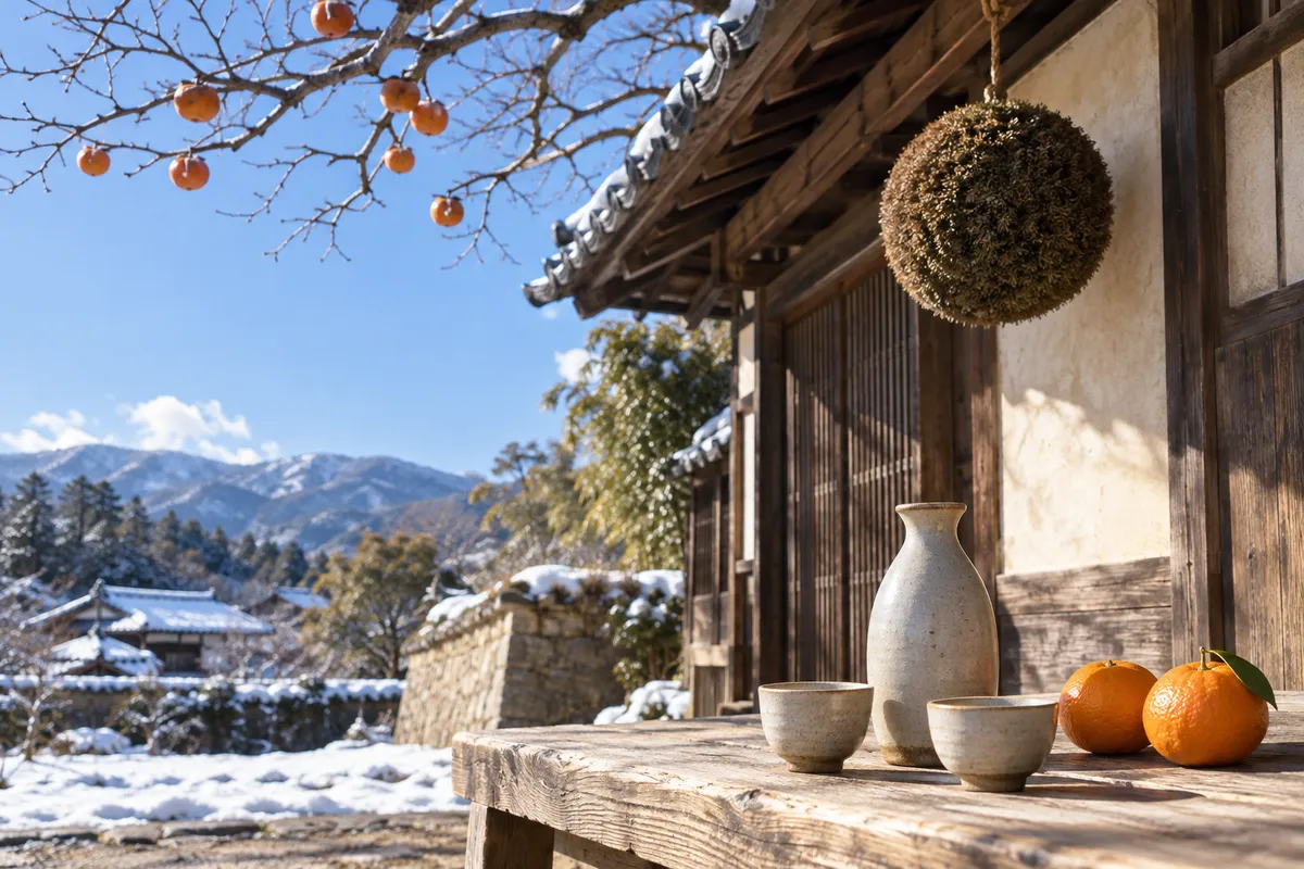 晴れた冬の酒蔵の軒先と徳利、おちょこ