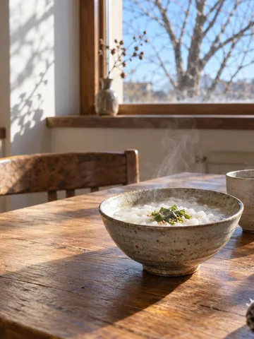 おかゆと白湯、みかんの横に「胃をいたわる」の木札