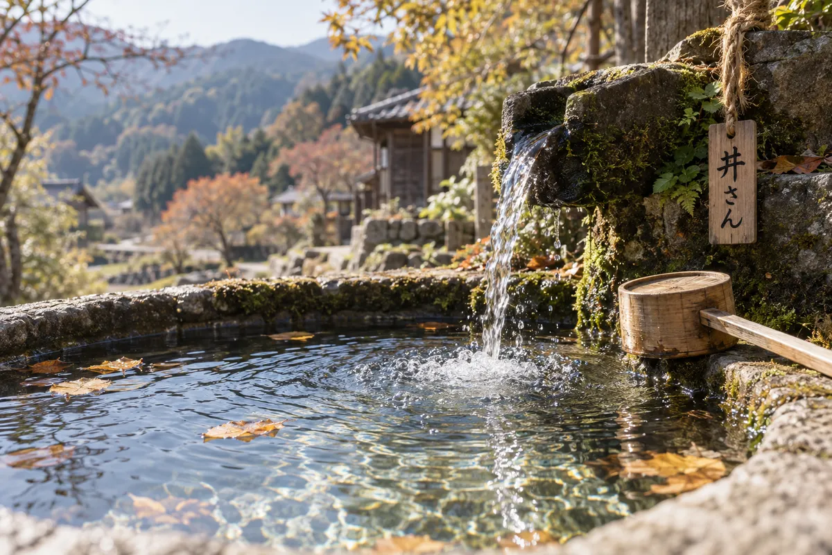 湧き水の池のそばに下がる「井さん」の木札
