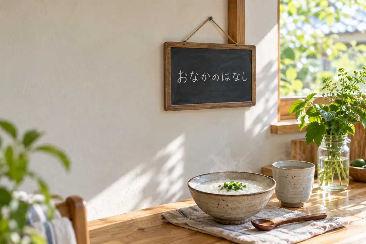「おなかのはなし」と書かれた札とおかゆ