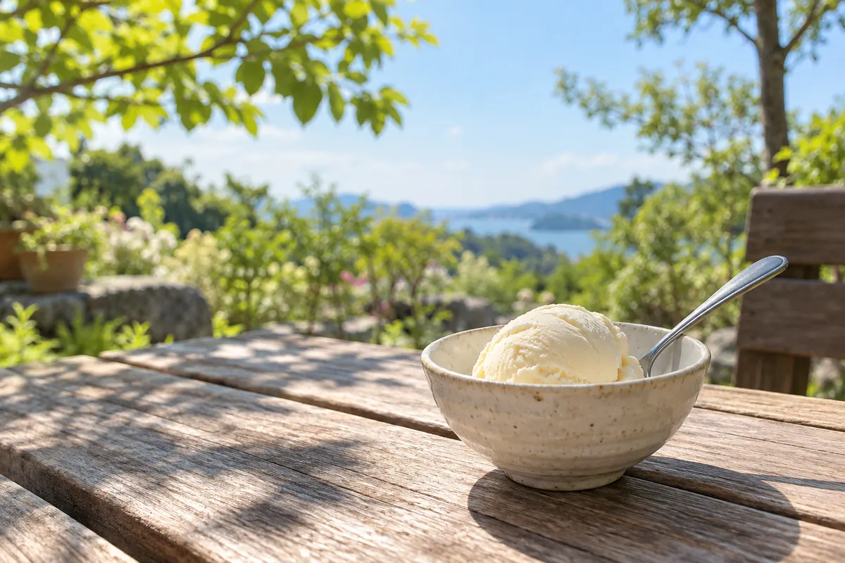 初夏の日なたに置かれたバニラアイスの器