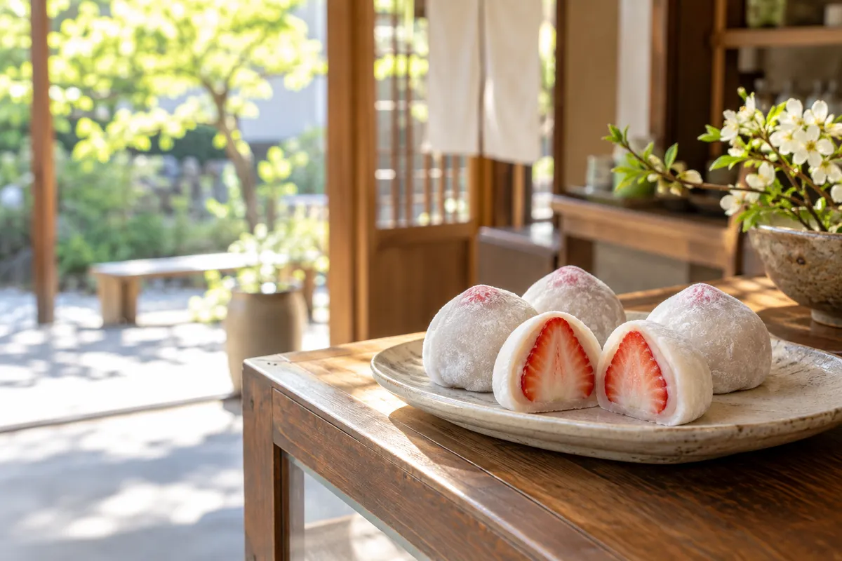 和菓子店の木のカウンターに並ぶいちご大福