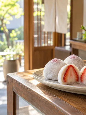 和菓子店の木のカウンターに並ぶいちご大福