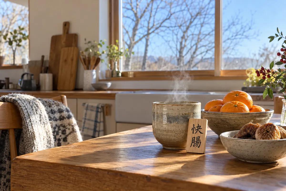 みかんと白湯、「快腸」の札がある冬の台所