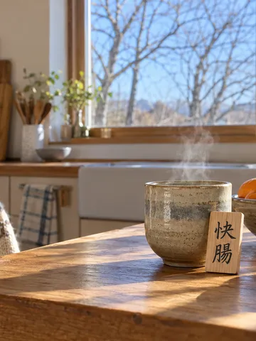 みかんと白湯、「快腸」の札がある冬の台所