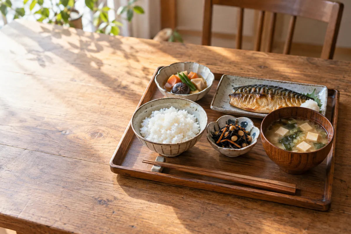 ご飯と汁物、主菜、副菜二品が並ぶ和食の食卓