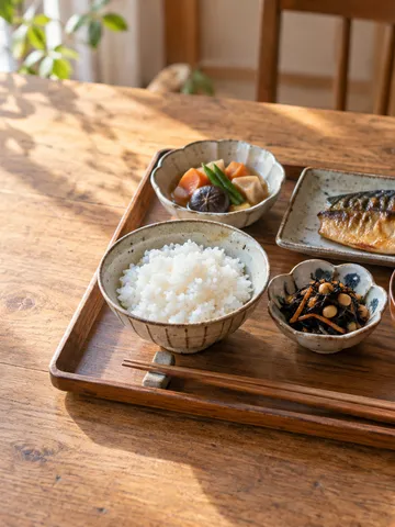 ご飯と汁物、主菜、副菜二品が並ぶ和食の食卓