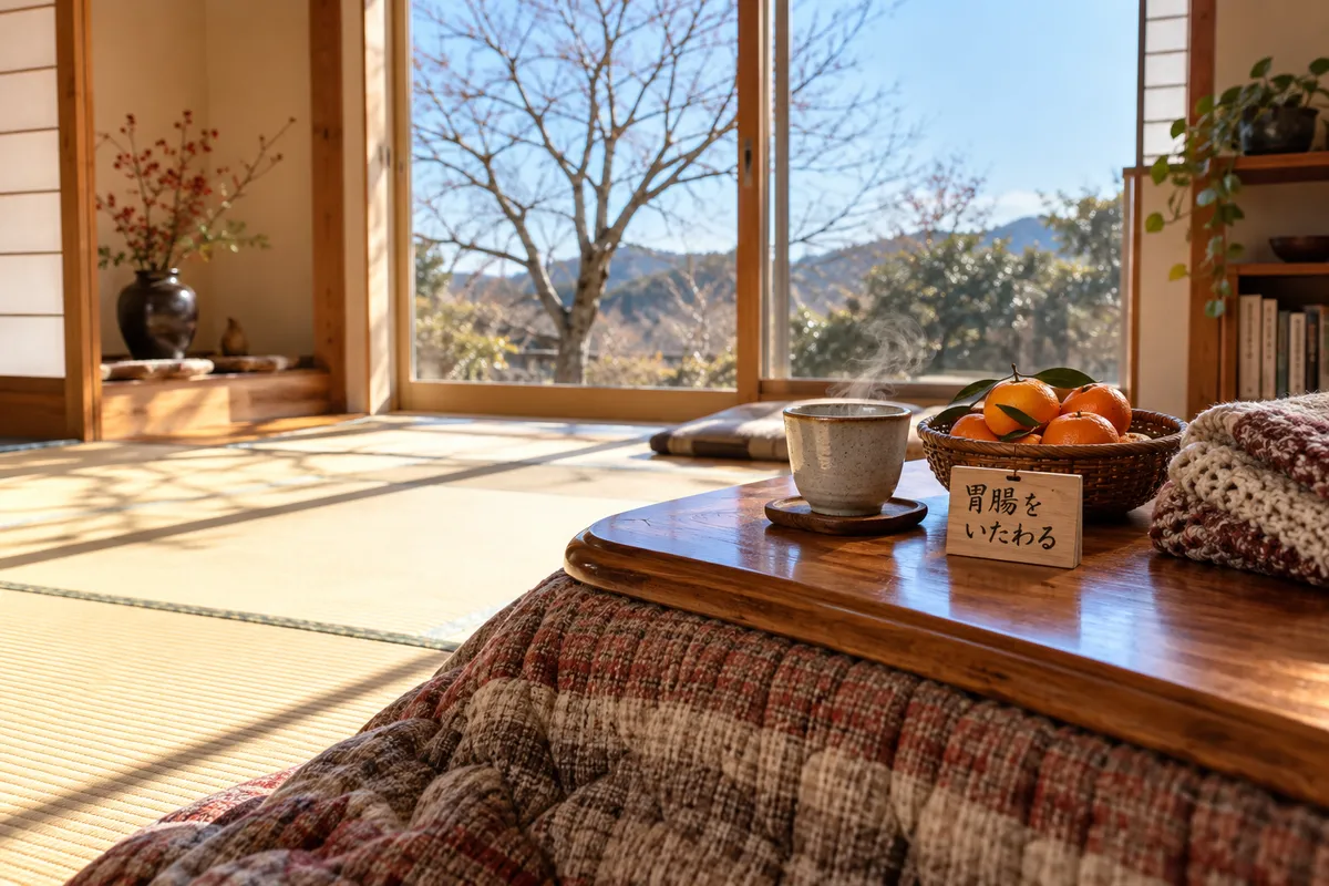 こたつにみかんと白湯、「胃腸をいたわる」の木札