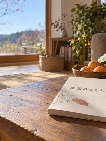 「遺伝のはなし」と書かれた本と湯気の立つお茶