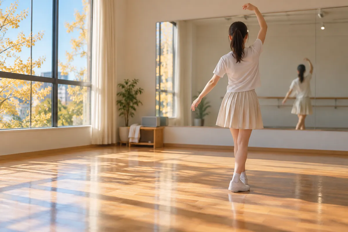 鏡の前でダンスの振り付けを練習する後ろ姿