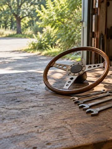旧車の整備作業場の作業台に並ぶ工具と部品