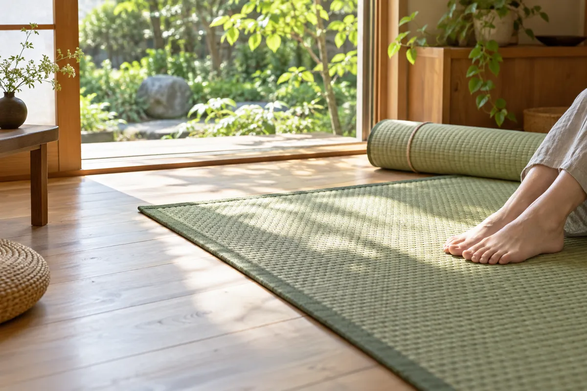明るい部屋に敷かれたい草のラグと素足