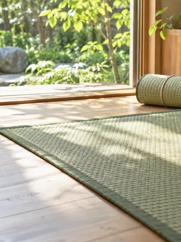 明るい部屋に敷かれたい草のラグと素足