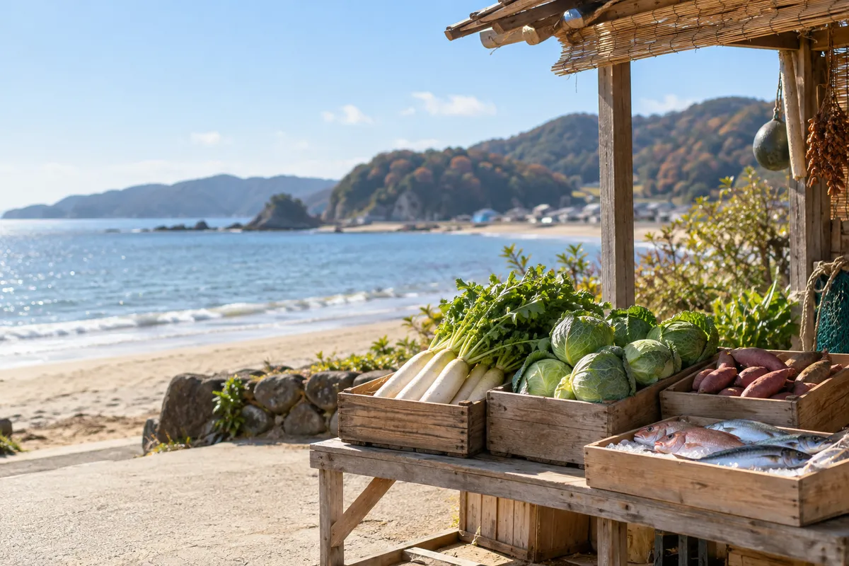 海辺のまちの市場に並ぶ野菜と鮮魚