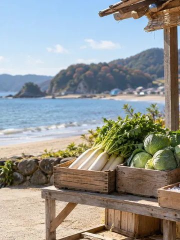 海辺のまちの市場に並ぶ野菜と鮮魚