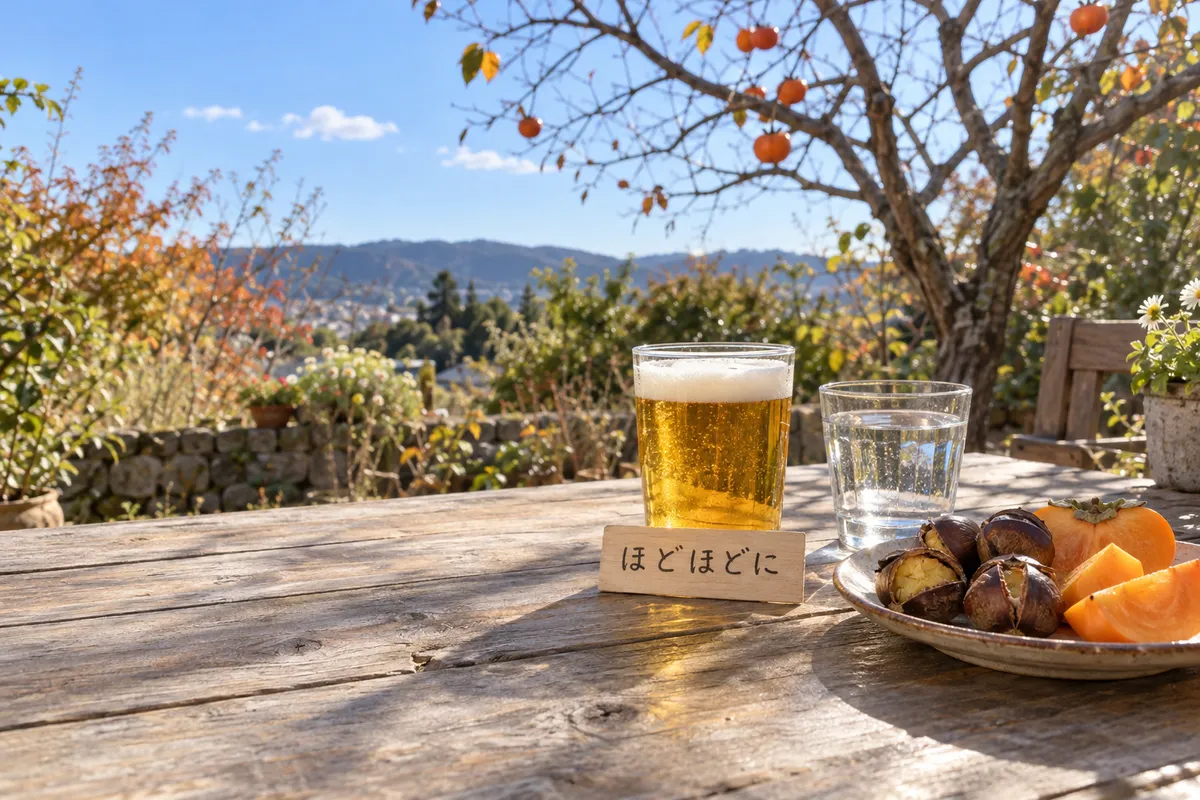 秋の日だまりのテラスに置かれたビールと水と木の札