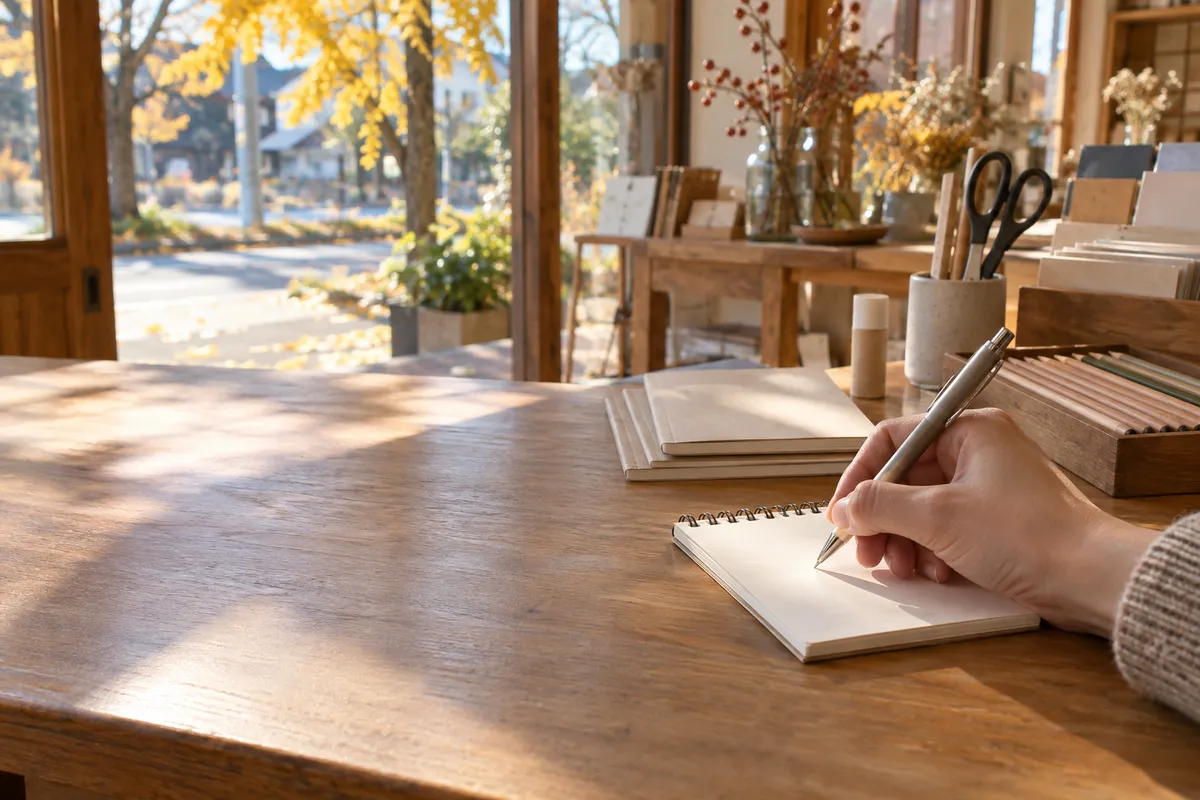 文具店のカウンターで試し書きをする手元