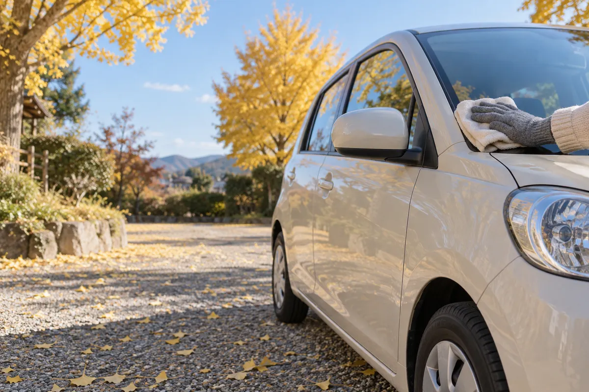 日なたで愛車のミラーを拭く手元と紅葉した銀杏