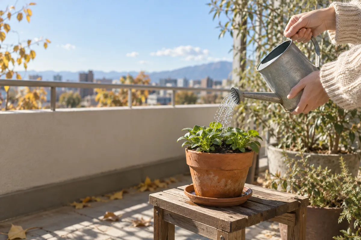 日なたのベランダで鉢植えに水をやる手元