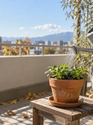 日なたのベランダで鉢植えに水をやる手元