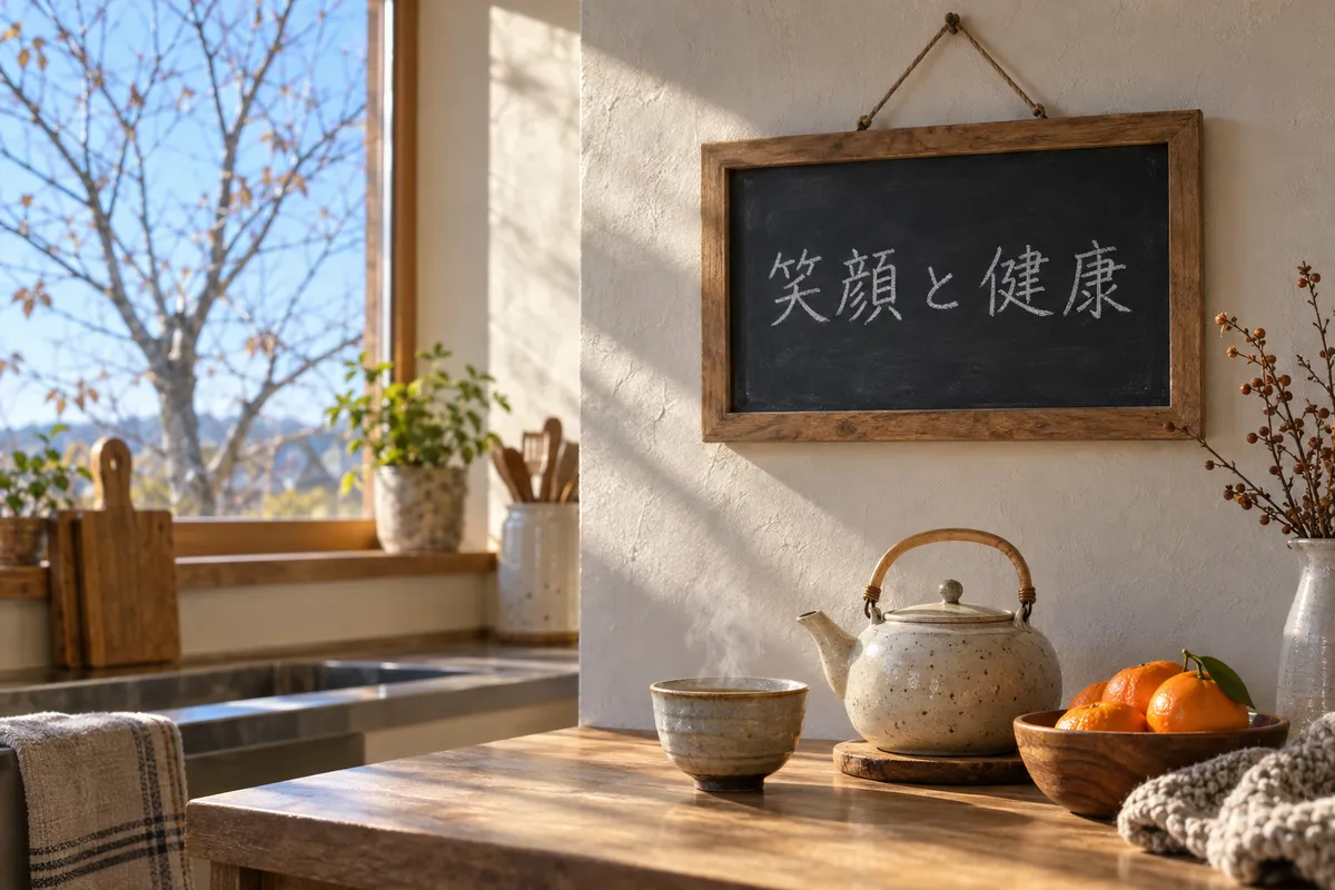 「笑顔と健康」と書かれた黒板と湯気の立つお茶