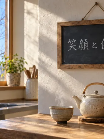 「笑顔と健康」と書かれた黒板と湯気の立つお茶