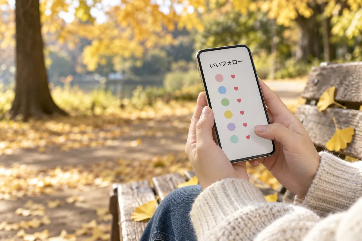 公園のベンチでスマホを持つ手と銀杏の落ち葉