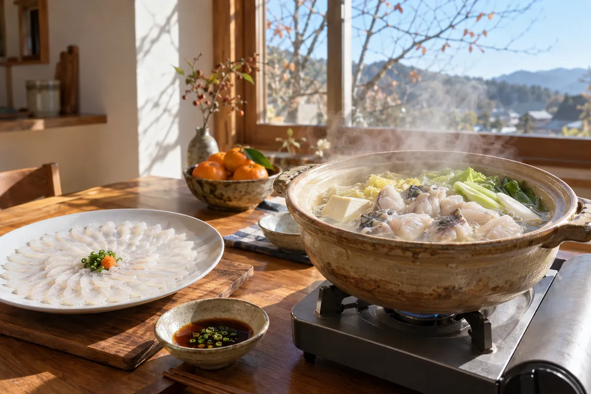 湯気の立つふぐ鍋とてっさの食卓