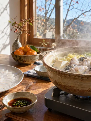 湯気の立つふぐ鍋とてっさの食卓