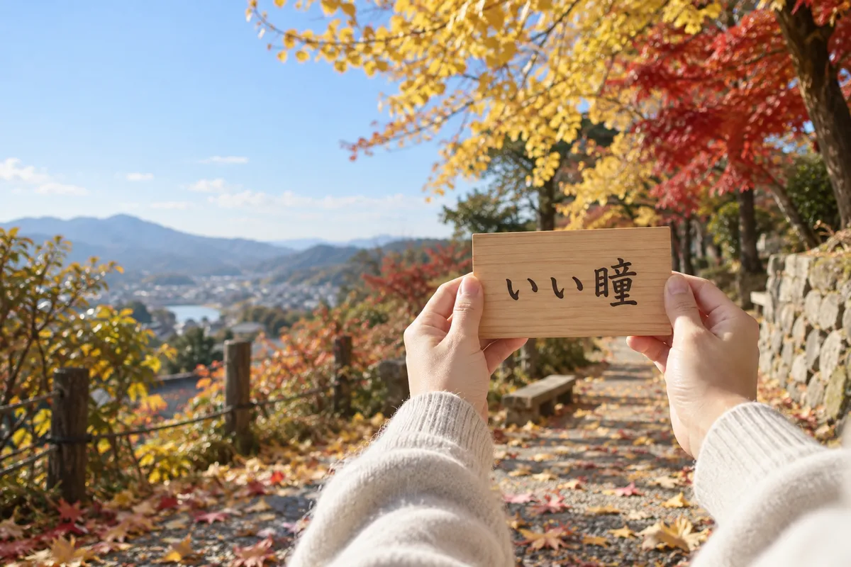 秋の日なたで「いい瞳」と書かれた木の札を持つ手