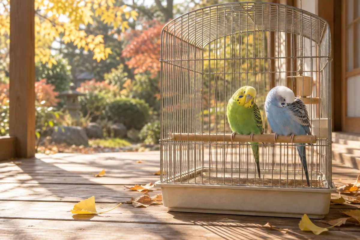縁側の鳥かごで寄り添う2羽のセキセイインコ