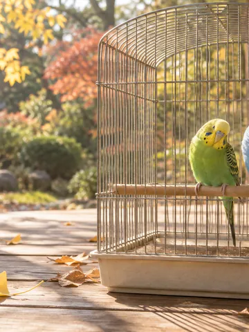 縁側の鳥かごで寄り添う2羽のセキセイインコ