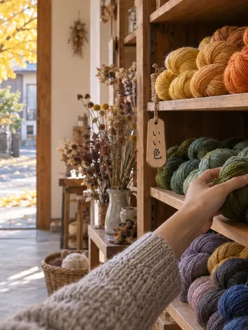 毛糸の棚に「いい色」の木札が下がる店内