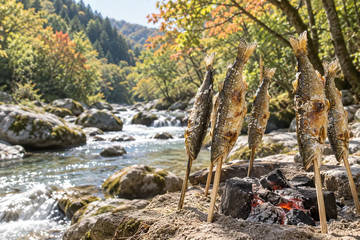 渓流のそばで炭火で焼かれるイワナの塩焼き