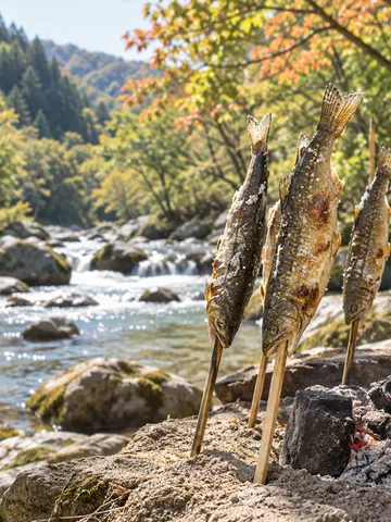 渓流のそばで炭火で焼かれるイワナの塩焼き