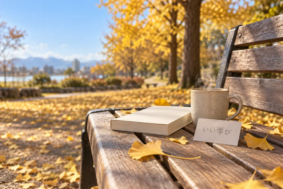秋の公園のベンチに置かれた本とメモ