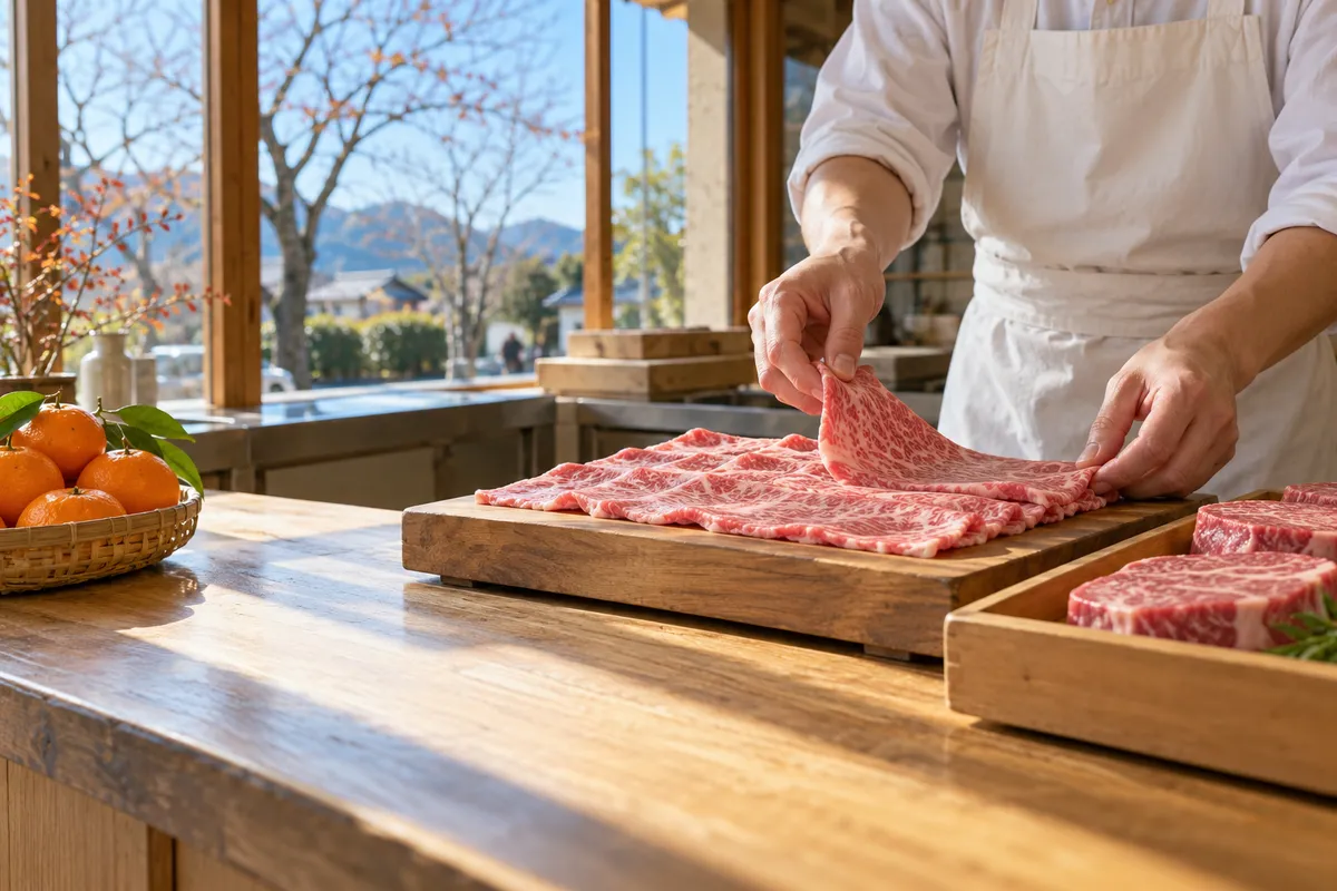 精肉店の店先で木の台に並ぶ霜降り牛肉