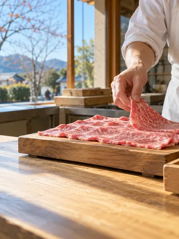 精肉店の店先で木の台に並ぶ霜降り牛肉