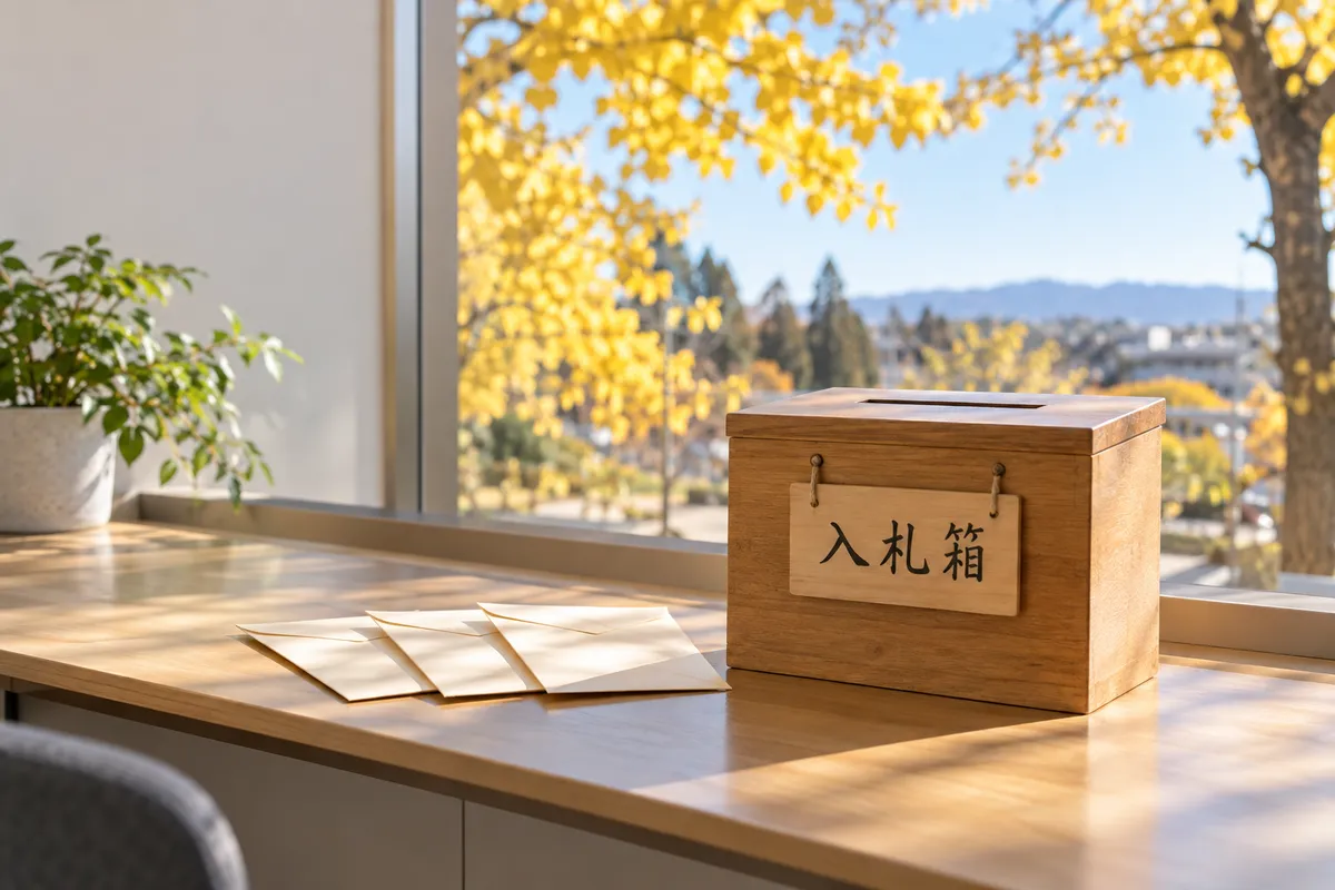 「入札箱」の札がある木箱と封筒