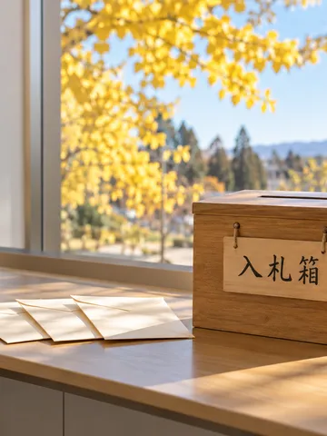 「入札箱」の札がある木箱と封筒